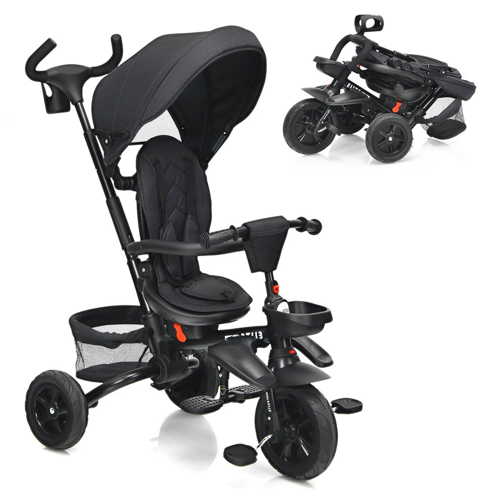 Triciclo para bebé multifuncional 7 en 1, asiento giratorio 360°, plegable, con toldo ajustable, seguridad máxima, para niños de 12 a 50 meses