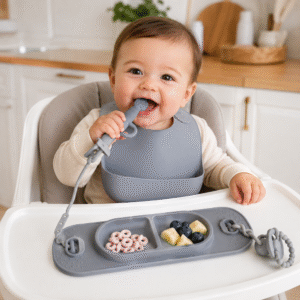 Sistema de alimentación y dentición de silicona para viajes Busy Baby, 4 piezas, con alfombrilla de succión, tenedor, bolsa de viaje y 2 correas, para juguetes y utensilios
