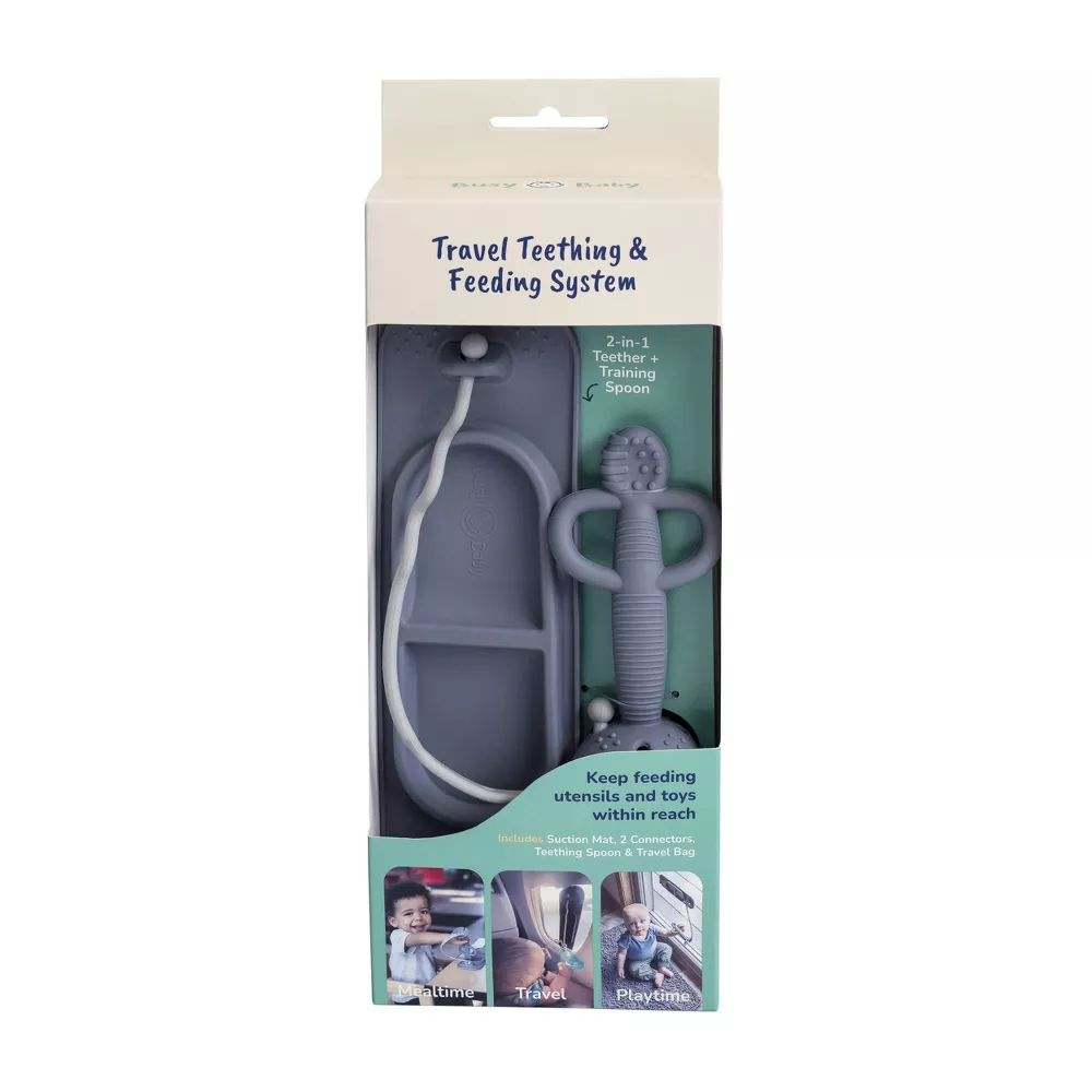 Sistema de alimentación y dentición de silicona para viajes Busy Baby, 4 piezas, con alfombrilla de succión, tenedor, bolsa de viaje y 2 correas, para juguetes y utensilios - Imagen 2