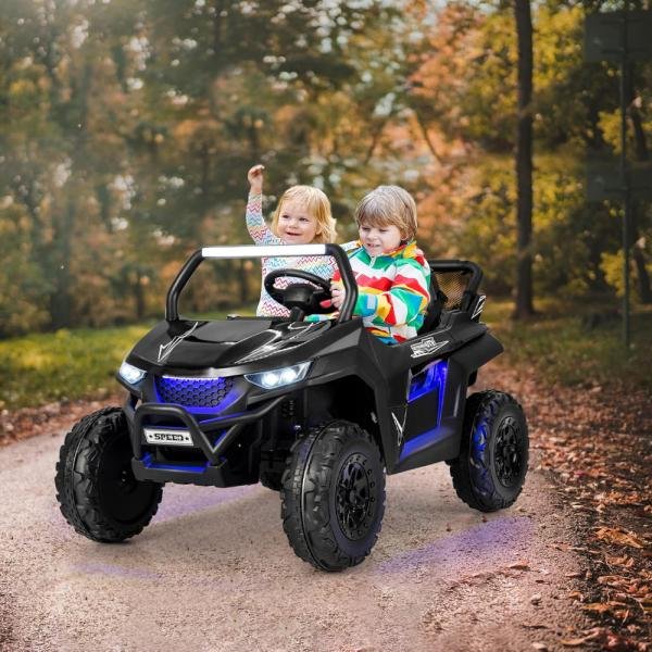 Vehículo eléctrico UTV para niños HONEY JOY, 2 plazas, 12V, control remoto, suspensión, luces, música, USB, para exterior, negro
