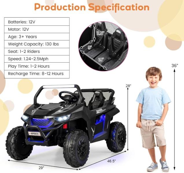 Vehículo eléctrico UTV para niños HONEY JOY, 2 plazas, 12V, control remoto, suspensión, luces, música, USB, para exterior, negro - Imagen 2