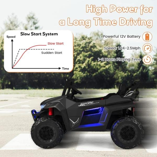 Vehículo eléctrico UTV para niños HONEY JOY, 2 plazas, 12V, control remoto, suspensión, luces, música, USB, para exterior, negro - Imagen 4