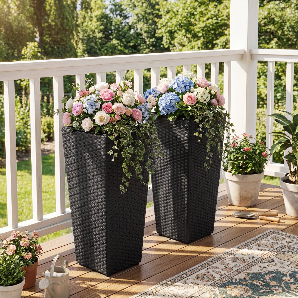 Set de 2 macetas altas de ratán negro con revestimientos de plástico extraíbles, 12 galones de capacidad, para jardín, balcón y hogar - Imagen 5