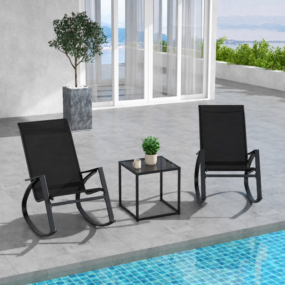 Set de 3, juego de 2 Sillas Mecedoras para Patio y con Respaldo Ergonómico, estructura de metal resistente, Mecedoras para Exterior, incluye mesita de vidrio con base de metal, color negro.