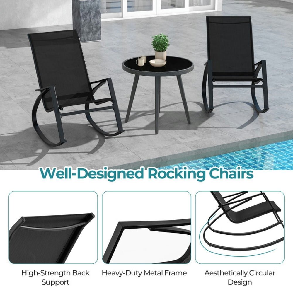 Set de 3, juego de 2 Sillas Mecedoras para Patio y con Respaldo Ergonómico, estructura de metal resistente, Mecedoras para Exterior, incluye mesita de vidrio con base de metal, color negro. - Imagen 3
