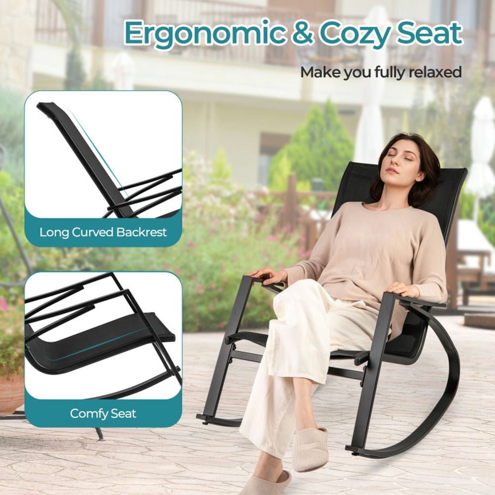Set de 3, juego de 2 Sillas Mecedoras para Patio y con Respaldo Ergonómico, estructura de metal resistente, Mecedoras para Exterior, incluye mesita de vidrio con base de metal, color negro. - Imagen 4