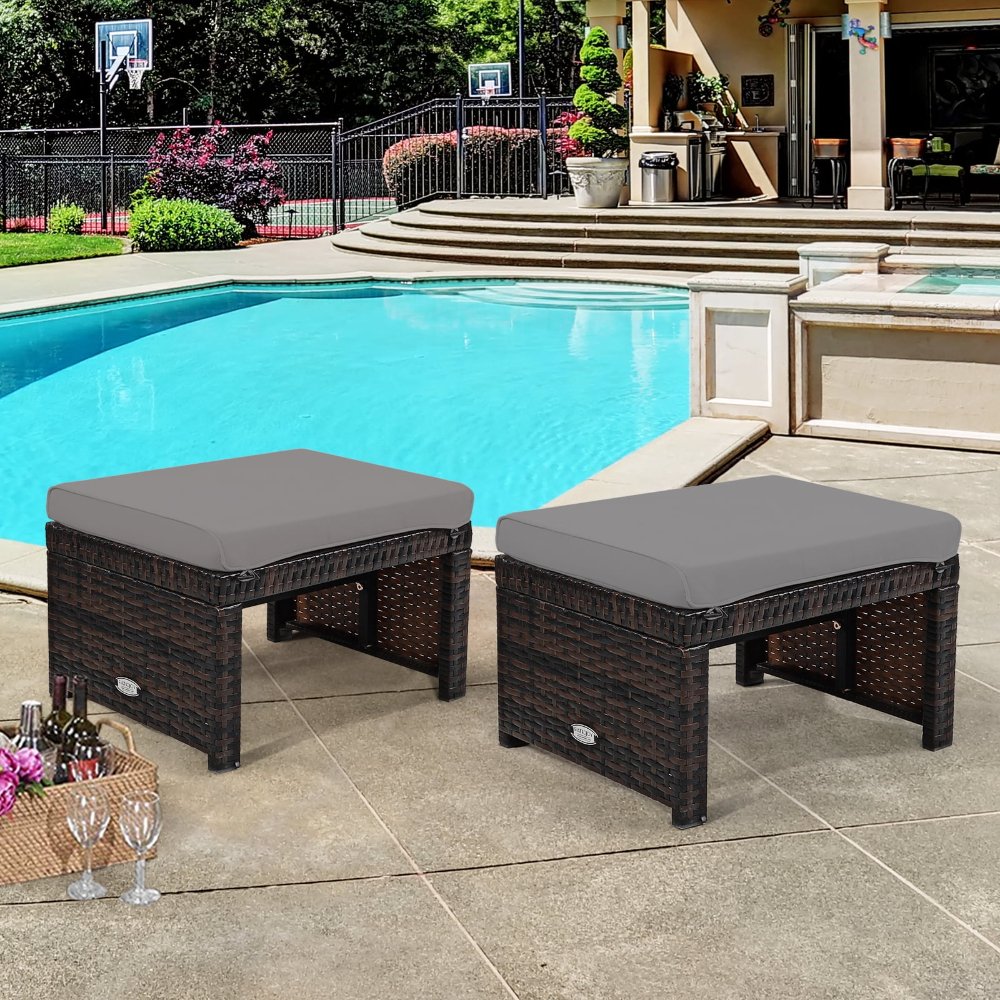 Juego de 2 Otomanas de ratán para exteriores, reposapiés con cojín gris, construcción resistente, para patio, jardín y exteriores