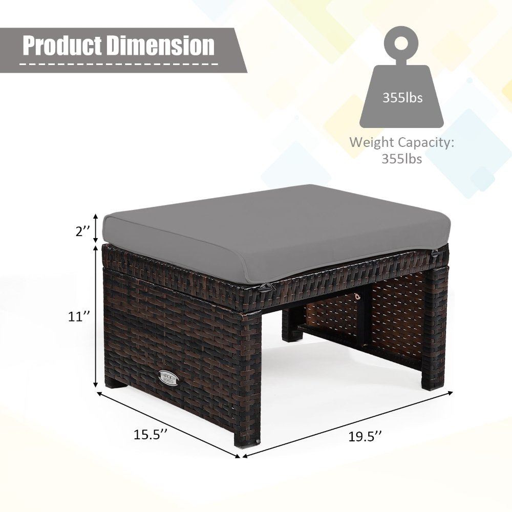 Juego de 2 Otomanas de ratán para exteriores, reposapiés con cojín gris, construcción resistente, para patio, jardín y exteriores - Imagen 2