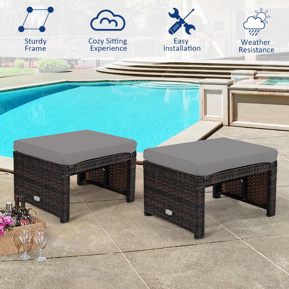 Juego de 2 Otomanas de ratán para exteriores, reposapiés con cojín gris, construcción resistente, para patio, jardín y exteriores - Imagen 5