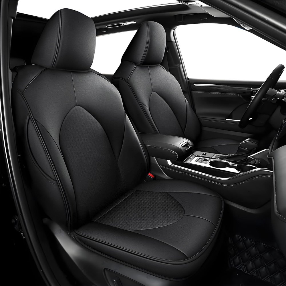 AOMSAZTO fundas personalizadas para Toyota Highlander 2014-2019, 3 filas, 8 asientos, segunda fila 40/60, piel sintética negra, ajuste preciso y protección completa.