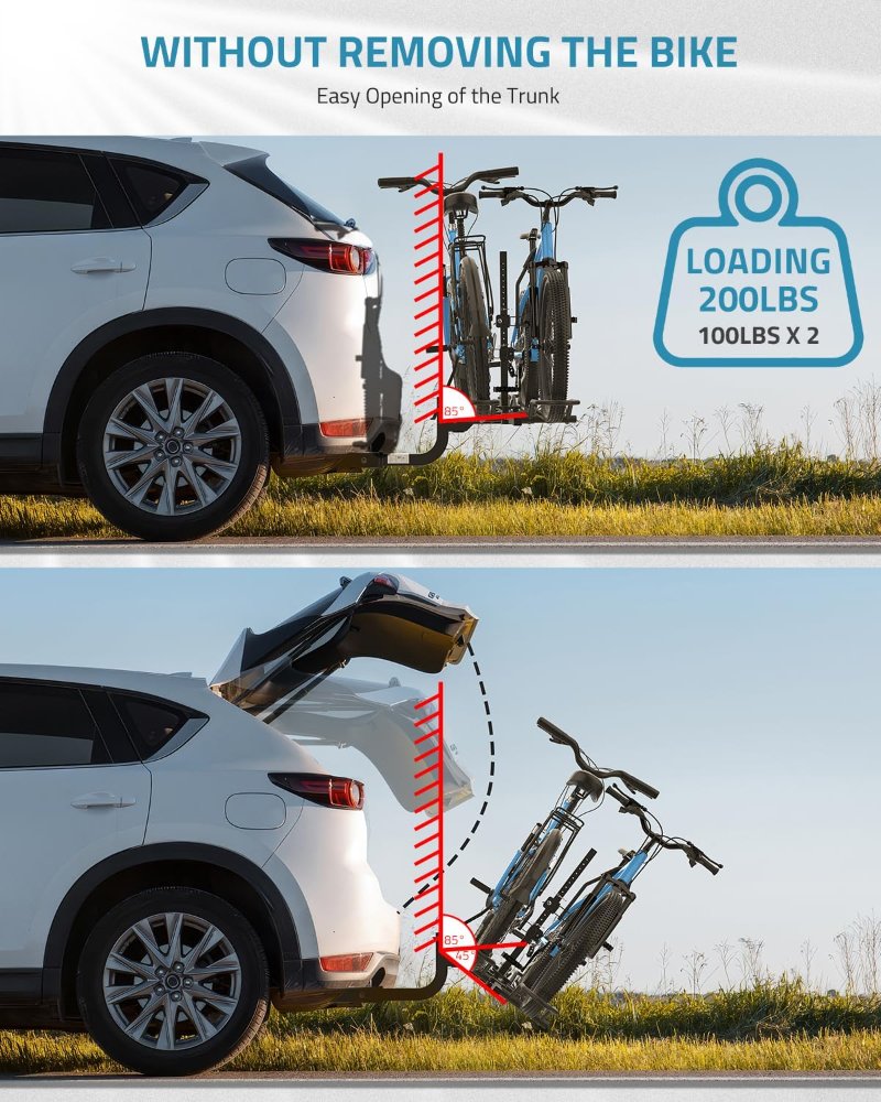 Ebike Rack para enganche de remolque, resistente 2 bicicletas, plegable, para automóvil, SUV, para bicicleta eléctrica, neumático grueso y estándar, receptor de enganche de 2 pulgadas, 200 - Imagen 3