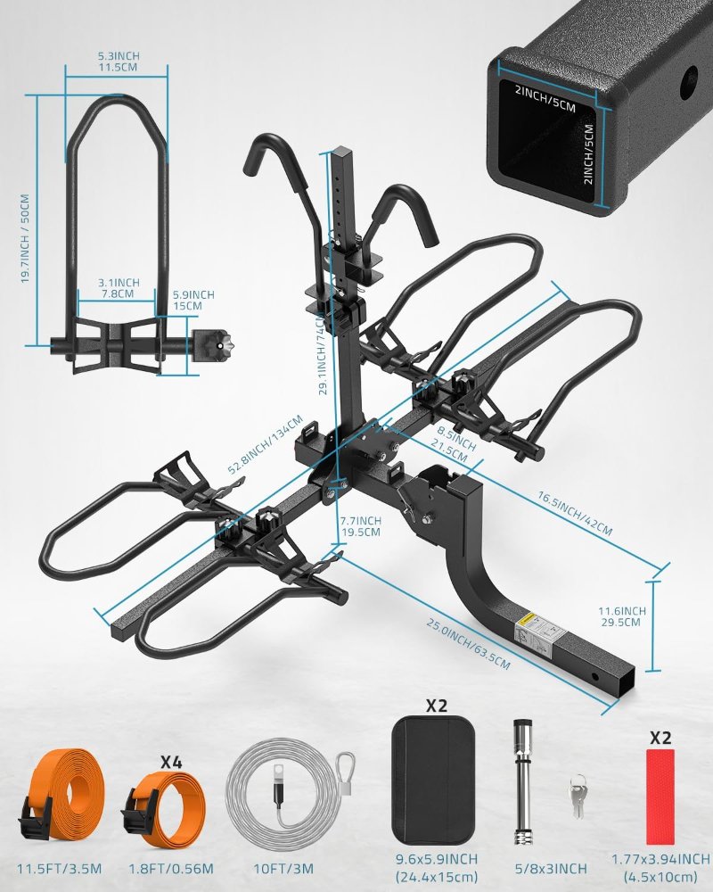Ebike Rack para enganche de remolque, resistente 2 bicicletas, plegable, para automóvil, SUV, para bicicleta eléctrica, neumático grueso y estándar, receptor de enganche de 2 pulgadas, 200 - Imagen 6