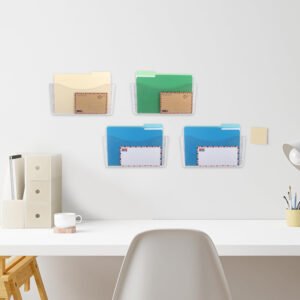 Paquete de 4 organizadores transparentes para colgar archivos de un solo bolsillo, soporte de plástico para revistas, correos de papel, contenedores montados para oficina, escuela y hogar