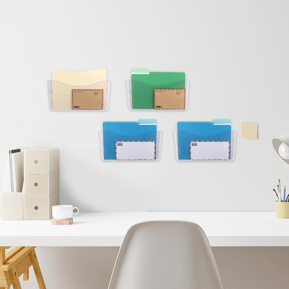 Paquete de 4 organizadores transparentes para colgar archivos de un solo bolsillo, soporte de plástico para revistas, correos de papel, contenedores montados para oficina, escuela y hogar