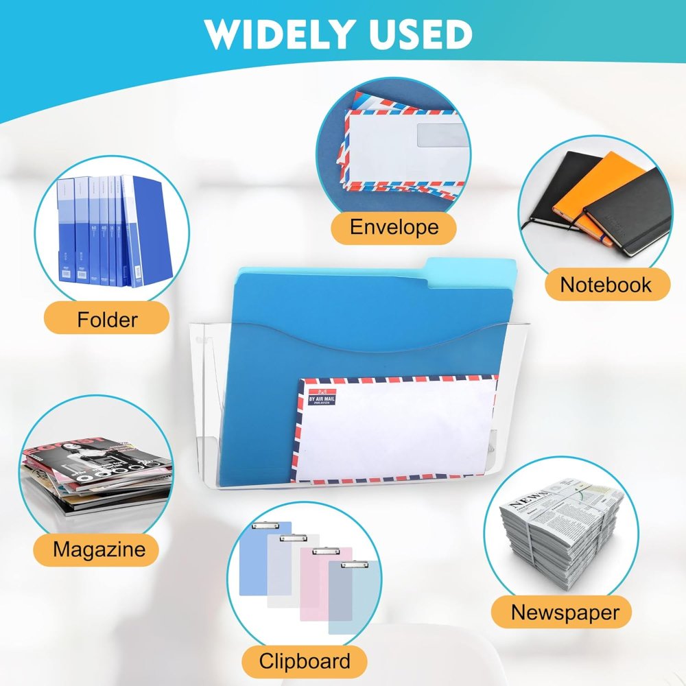 Paquete de 4 organizadores transparentes para colgar archivos de un solo bolsillo, soporte de plástico para revistas, correos de papel, contenedores montados para oficina, escuela y hogar - Imagen 2