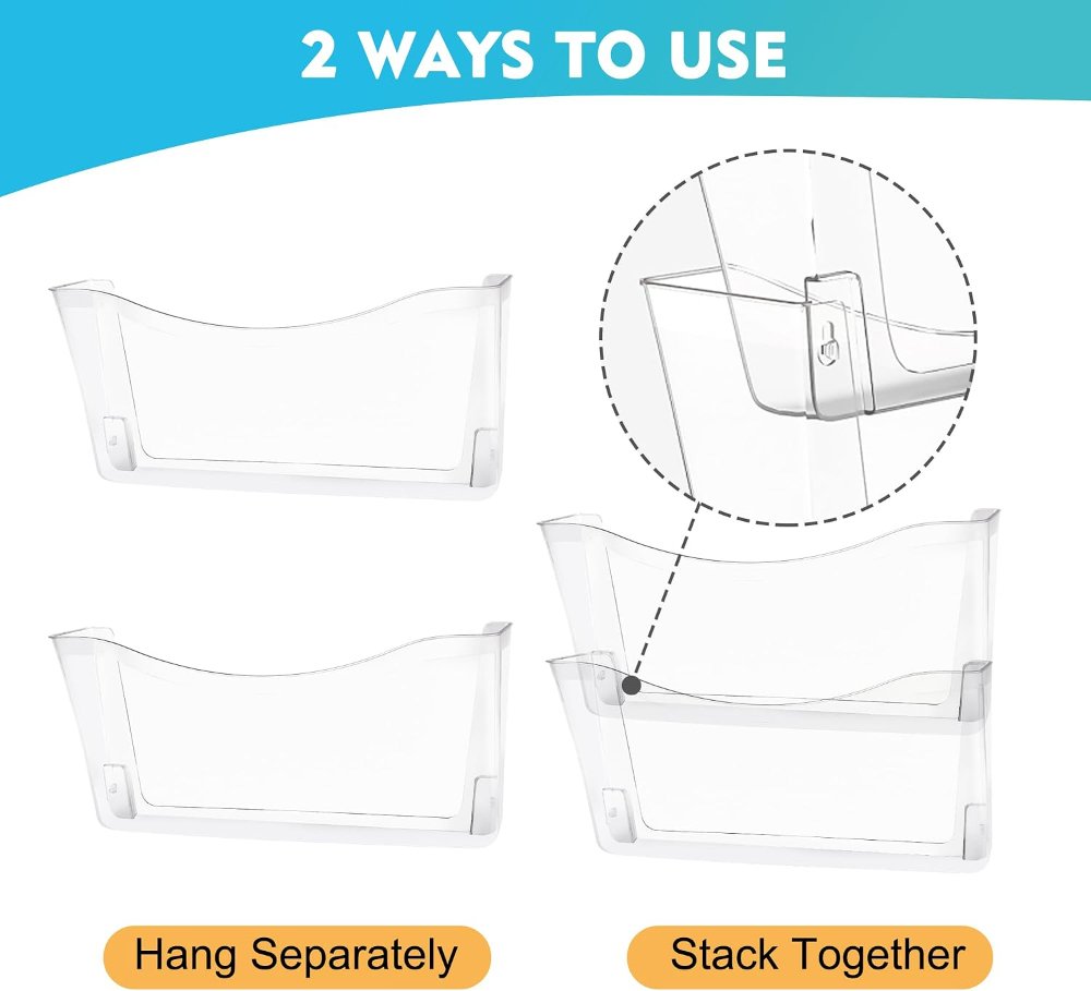 Paquete de 4 organizadores transparentes para colgar archivos de un solo bolsillo, soporte de plástico para revistas, correos de papel, contenedores montados para oficina, escuela y hogar - Imagen 3