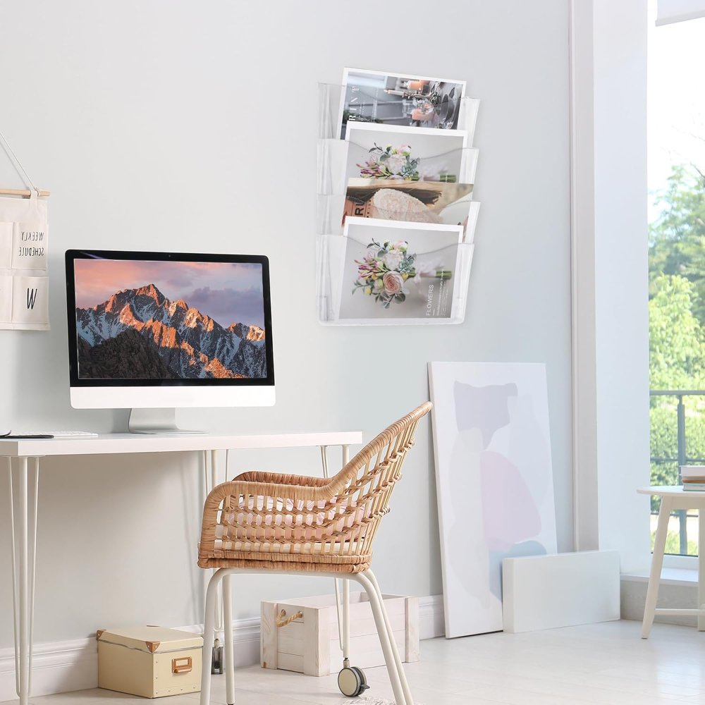 Paquete de 4 organizadores transparentes para colgar archivos de un solo bolsillo, soporte de plástico para revistas, correos de papel, contenedores montados para oficina, escuela y hogar - Imagen 5