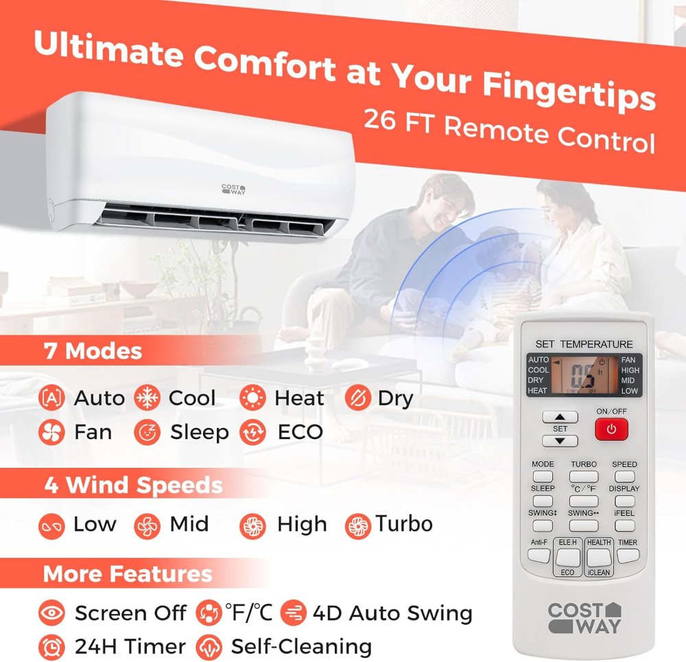 Aire acondicionado y calefactor mini split COSTWAY 12000BTU, 115V, 20 SEER, hasta 750 Sq. Ft, eficiente, con bomba de calor, con control. - Imagen 3