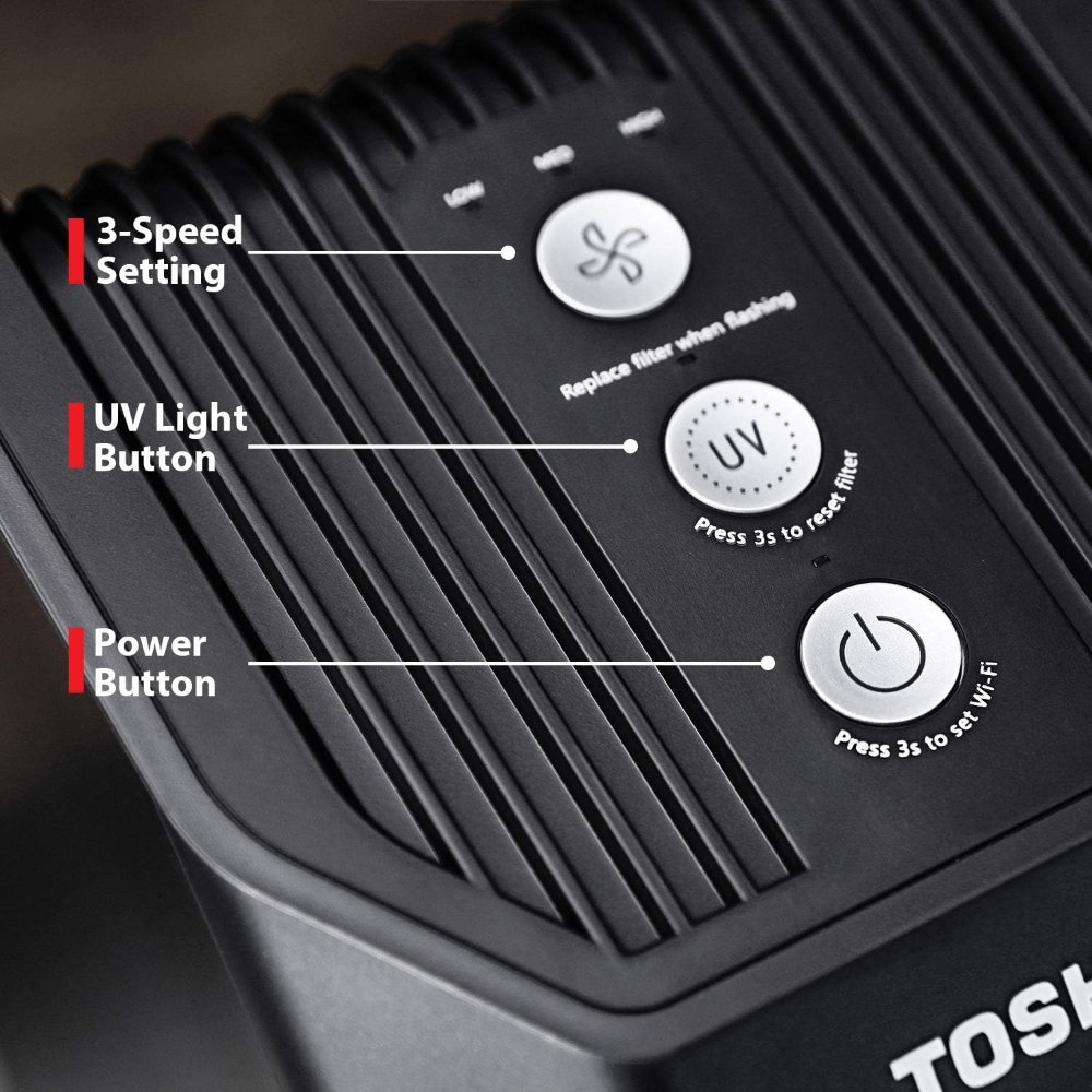 Toshiba purificador de aire compatible con Alexa, color negro, con cable eléctrico, filtros HEPA y carbón activado, ideal para habitaciones medianas a grandes (aprox. 20,6 m²). Peso: 3,33 kg. - Imagen 3