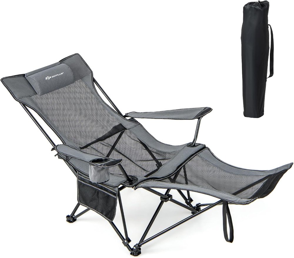 Silla de camping reclinable con reposapiés desmontable y portavasos, respaldo ajustable, para exterior, gris