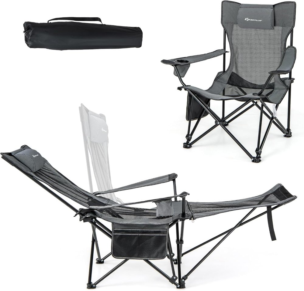 Silla de camping reclinable con reposapiés desmontable y portavasos, respaldo ajustable, para exterior, gris - Imagen 2