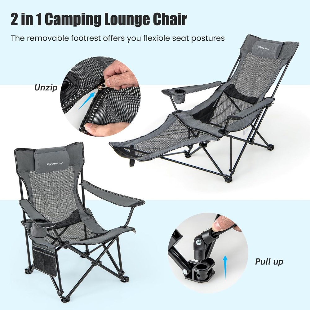 Silla de camping reclinable con reposapiés desmontable y portavasos, respaldo ajustable, para exterior, gris - Imagen 3