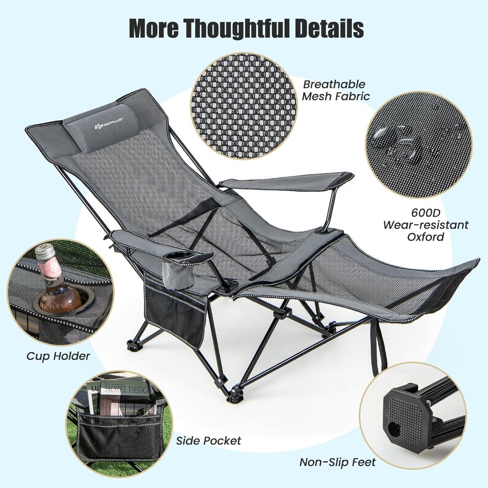 Silla de camping reclinable con reposapiés desmontable y portavasos, respaldo ajustable, para exterior, gris - Imagen 4