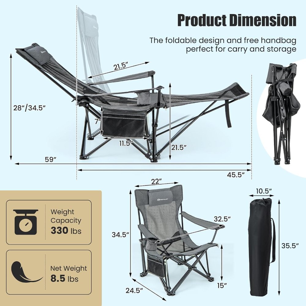 Silla de camping reclinable con reposapiés desmontable y portavasos, respaldo ajustable, para exterior, gris - Imagen 5