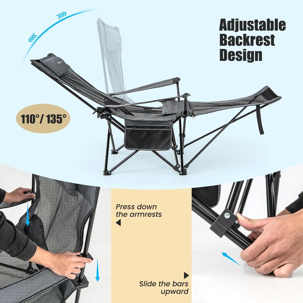 Silla de camping reclinable con reposapiés desmontable y portavasos, respaldo ajustable, para exterior, gris - Imagen 6