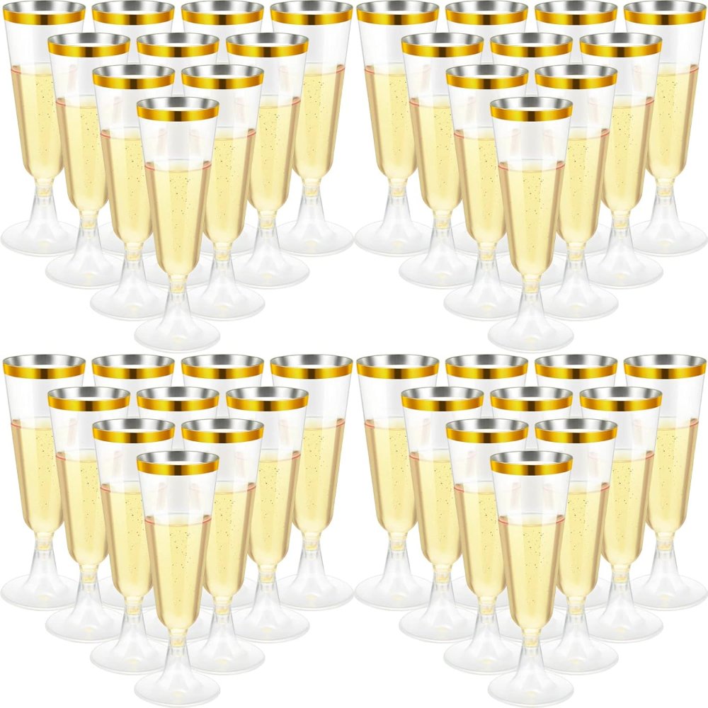Copas de champán de plástico, 150 piezas, doradas, vasos transparentes desechables para cóctel, para bodas y fiestas, 5 onzas