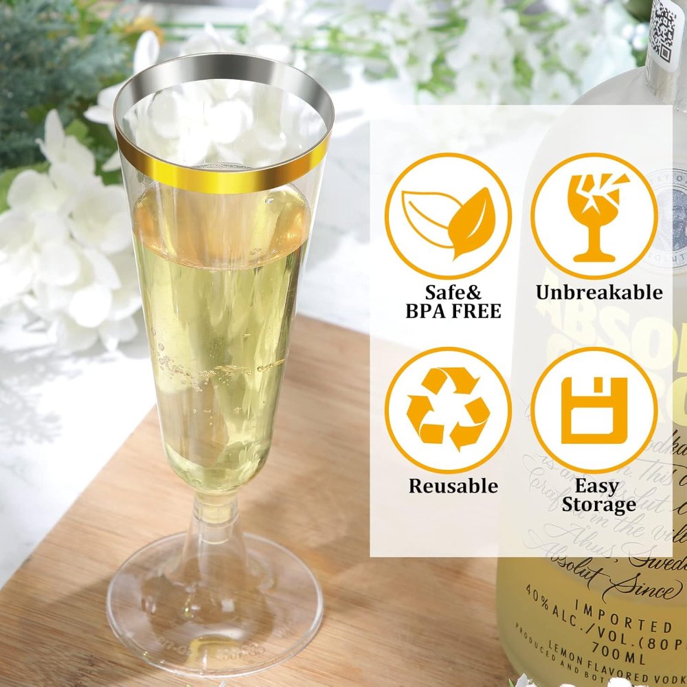Copas de champán de plástico, 150 piezas, doradas, vasos transparentes desechables para cóctel, para bodas y fiestas, 5 onzas - Imagen 2