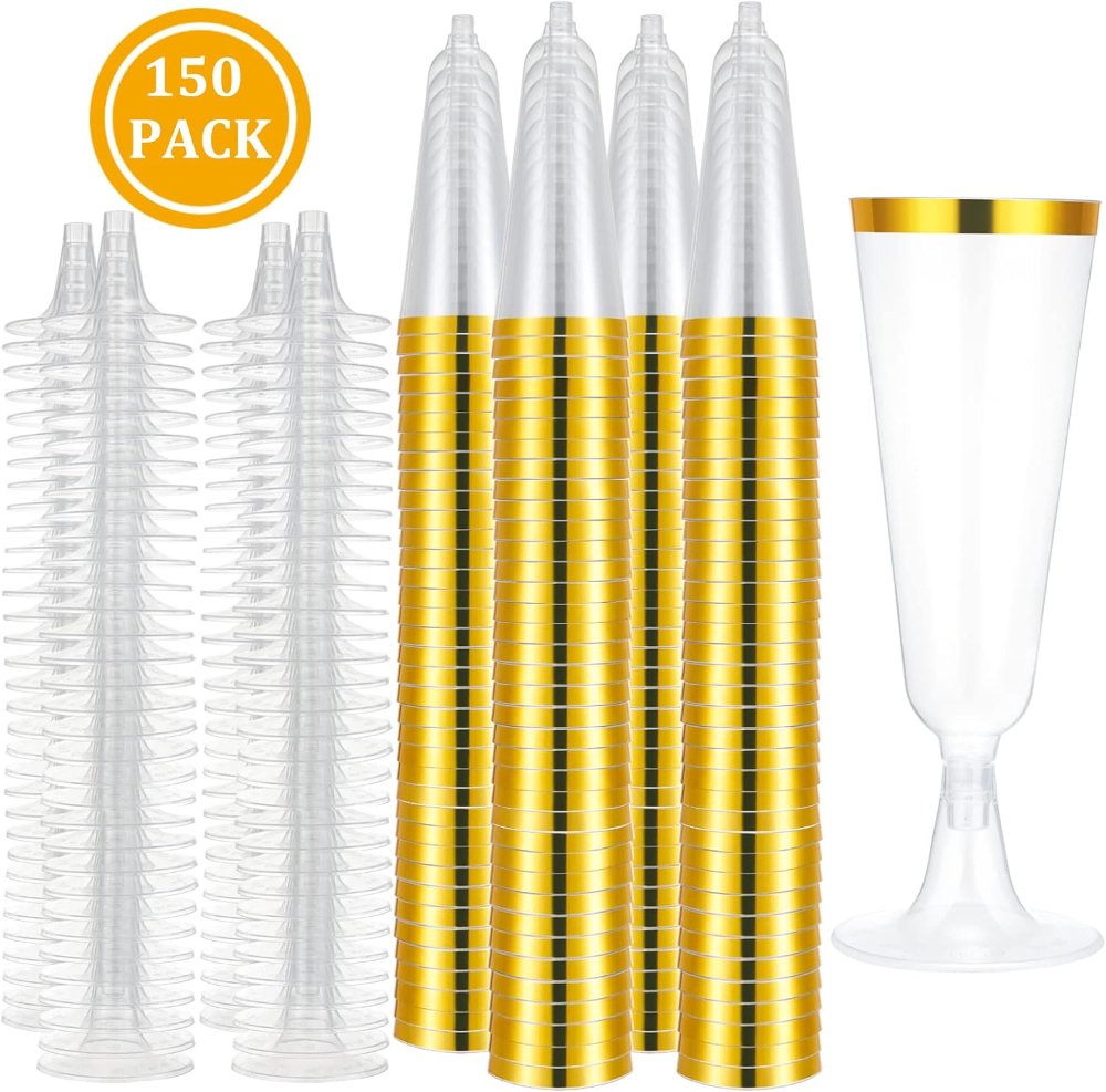 Copas de champán de plástico, 150 piezas, doradas, vasos transparentes desechables para cóctel, para bodas y fiestas, 5 onzas - Imagen 3