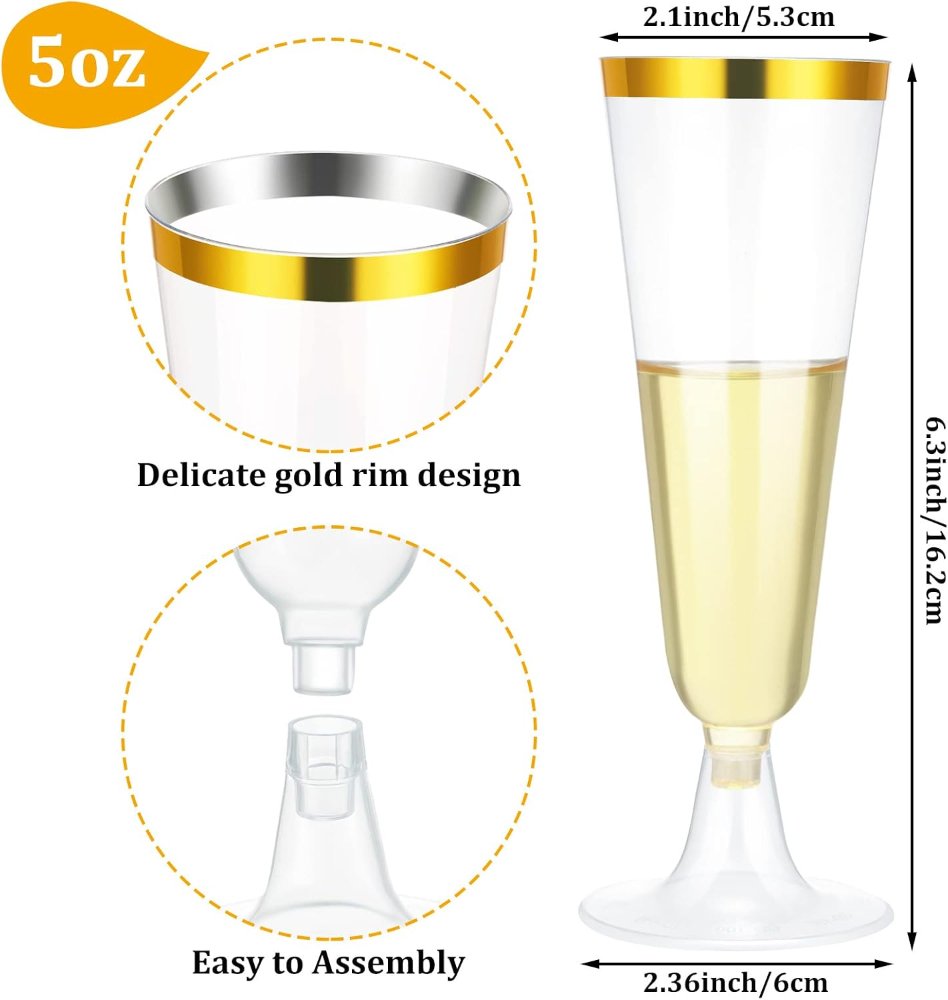 Copas de champán de plástico, 150 piezas, doradas, vasos transparentes desechables para cóctel, para bodas y fiestas, 5 onzas - Imagen 4