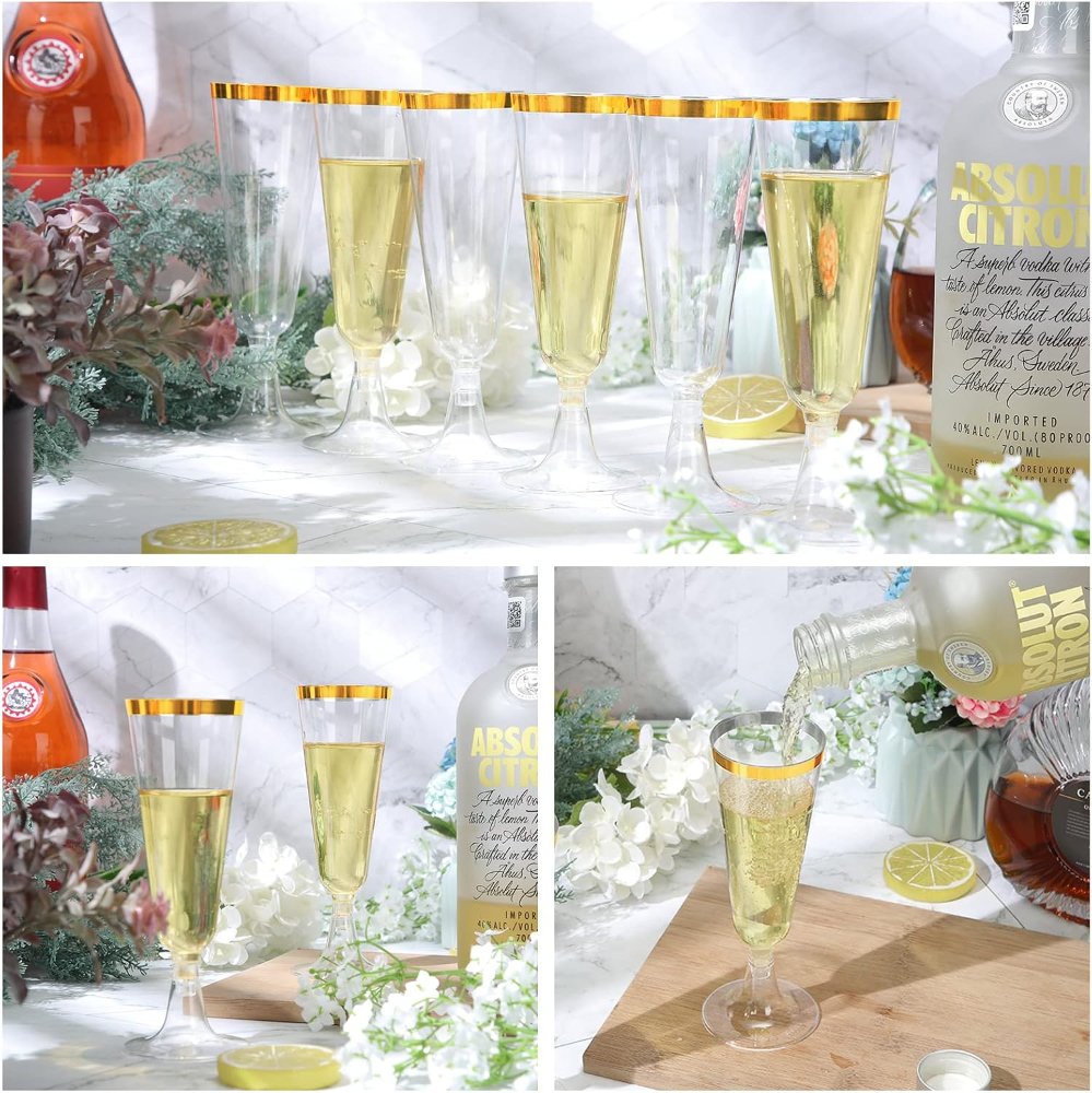 Copas de champán de plástico, 150 piezas, doradas, vasos transparentes desechables para cóctel, para bodas y fiestas, 5 onzas - Imagen 5