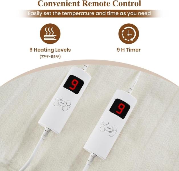 Protector de colchón matrimonial con calefacción, 9 niveles, temporizador 9h, doble zona independiente, lavable a máquina - Imagen 3