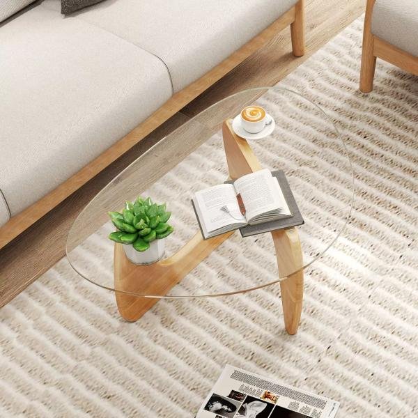 Mesa de centro triangular con tapa de cristal templado y base de madera de caucho ajustable, capacidad de 130 lbs, diseño moderno para el hogar y la oficina - Imagen 5