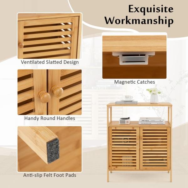 Gabinete de almacenamiento de piso de bambú, con puertas dobles, estante abierto y estante removible, para baño, sala de estar, cocina y entrada - Imagen 4