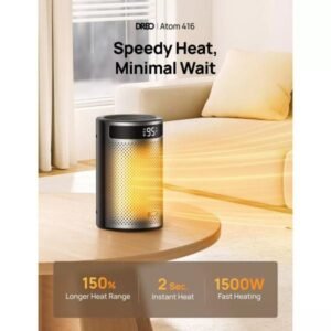 Calentador de espacio DREO Atom 416, 1500W, 200 sq.ft, silencioso 34dB, oscilación 70°, modo ECO, temporizador 12h, control remoto, portátil, seguridad Shield360