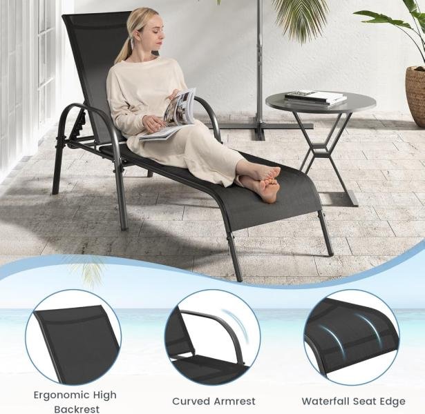 Sillón reclinable de salón para patio, tumbona con respaldo de 5 posiciones ajustables, marco de acero resistente, para tomar el sol, playa y bronceado - Imagen 5