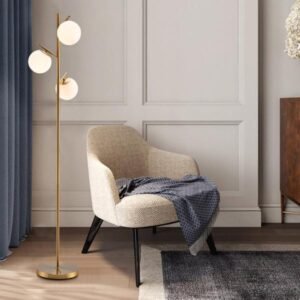 Lámpara de pie moderna de 3 globos dorada, con interruptor de pie, diseño elegante y estable, ideal para sala de estar, dormitorio y oficina