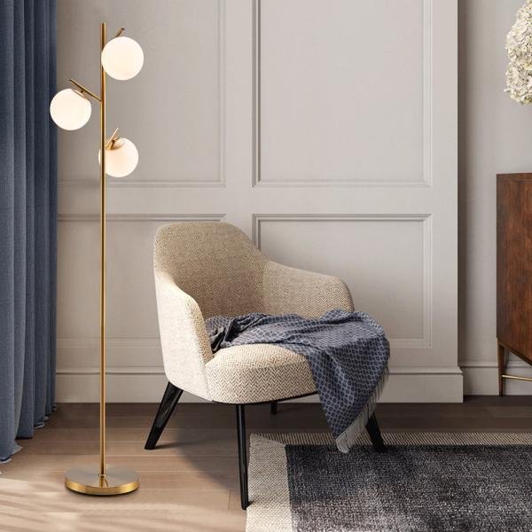 Lámpara de pie moderna de 3 globos dorada, con interruptor de pie, diseño elegante y estable, ideal para sala de estar, dormitorio y oficina