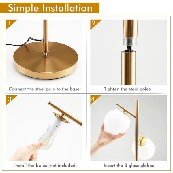 Lámpara de pie moderna de 3 globos dorada, con interruptor de pie, diseño elegante y estable, ideal para sala de estar, dormitorio y oficina - Imagen 3