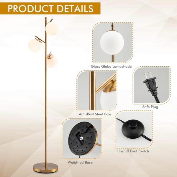 Lámpara de pie moderna de 3 globos dorada, con interruptor de pie, diseño elegante y estable, ideal para sala de estar, dormitorio y oficina - Imagen 5