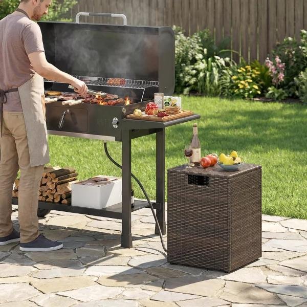 Mesa auxiliar para tanque de propano, funda para tanque de gas de ratán PE, con tapa abatible, para exteriores, 20 lb, resistente a la intemperie, color marrón mixto