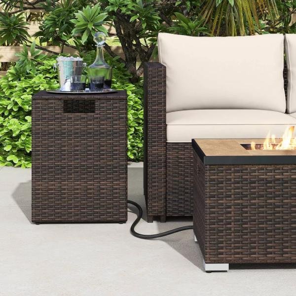 Mesa auxiliar para tanque de propano, funda para tanque de gas de ratán PE, con tapa abatible, para exteriores, 20 lb, resistente a la intemperie, color marrón mixto - Imagen 3