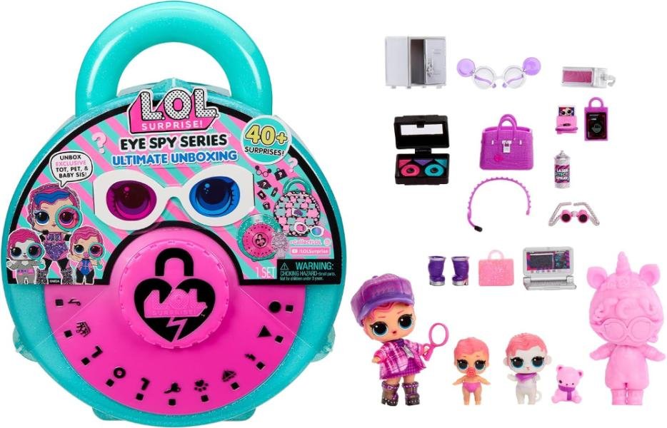 Muñeca LOL Surprise Eye Spy Series Ultimate Unboxing, con 40+ sorpresas, incluye 3 muñecas exclusivas (1 Tot, 1 Baby Sister, 1 mascota), diseño de candado grande, para niños a partir de 6 años