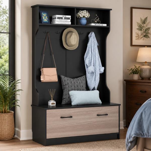 Perchero multifuncional con árbol de almacenamiento, 5 ganchos, banco para sentarse, compartimentos para ropa y zapatos, diseño elegante para entrada y hogar