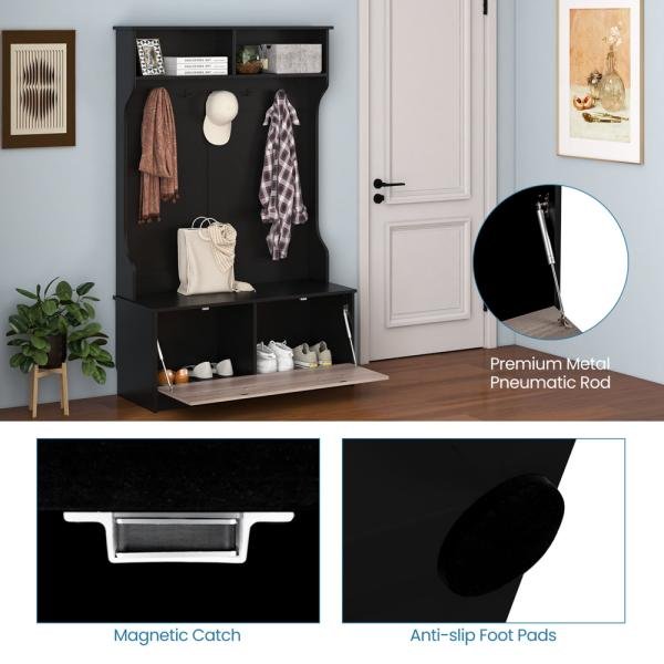 Perchero multifuncional con árbol de almacenamiento, 5 ganchos, banco para sentarse, compartimentos para ropa y zapatos, diseño elegante para entrada y hogar - Imagen 4