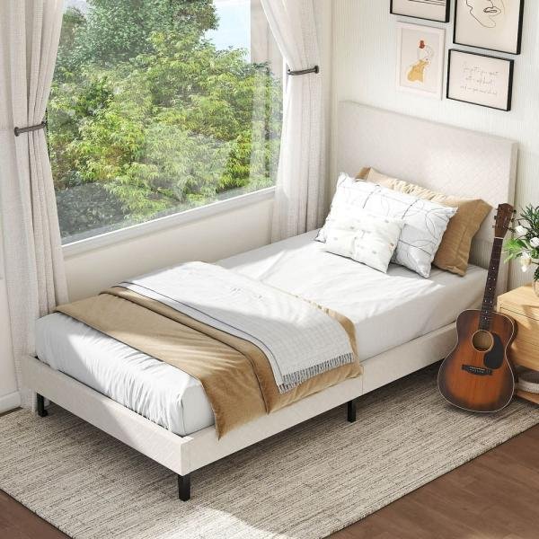 Estructura de cama Costway individual/doble/queen con altura ajustable, diseño de chevrón, color beige, tamaño individual