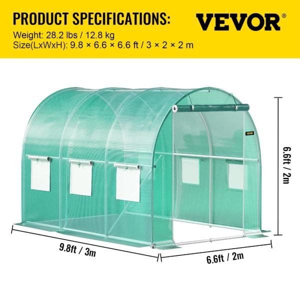 Invernadero de túnel VEVOR, portátil, 300x200x200 cm, con estructura de acero galvanizado, 6 ventanas de malla y puerta enrollable, color verde - Imagen 2